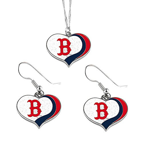 aminco Boston Red Sox MLB Sports Team Logo Charm Gift Glitter Heart Necklace and Earring Set