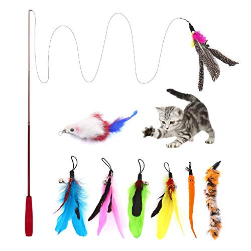 seninhi Cat Feather Toys for Indoor Cats 1pcs Retractable Cat Wand Toy  and  8pcs Natural Feather Teaser Replacements with Bell Interactive Catcher Teaser and Funny Exercise for Kitten or Cats