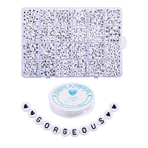 Letter Beads 1200 Pieces 4x7mm White Round Acrylic Alphabet Beads A-Z Heart Pattern Beads and Crystal Line for Jewelry Making Bracelets Necklaces Key Chains