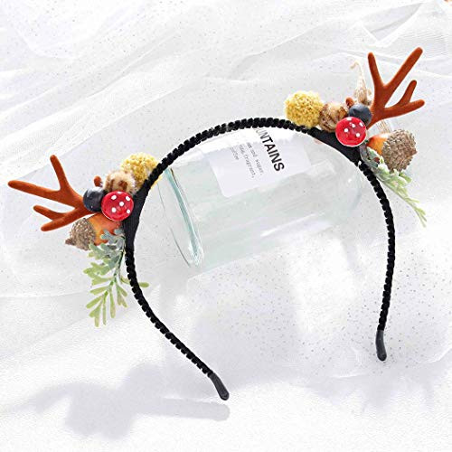 Cagora Christmas Headband Reindeer Antlers Head Band Flower Antlers Hair Hoop Elk Deer Animal Horns Headwear Deer Horn Ears and Birds Hair Piece Christmas Hair Accessories for Women and Girls