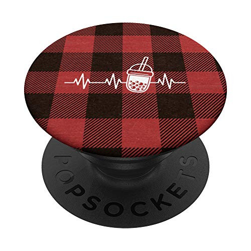 Red Plaid Boba Tea Lifeline Heartbeat Cute Bubble Tea Gift PopSockets PopGrip Swappable Grip for Phones  and  Tablets