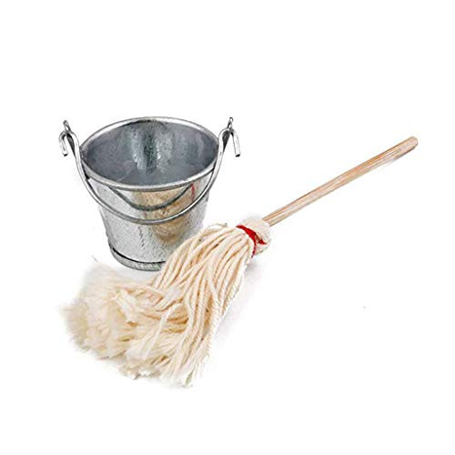 SXFSE Dollhouse Decoration Accessories 112 Scale Fairy Garden Furniture Vintage Mop with Bucket Set 2pcs Furniture