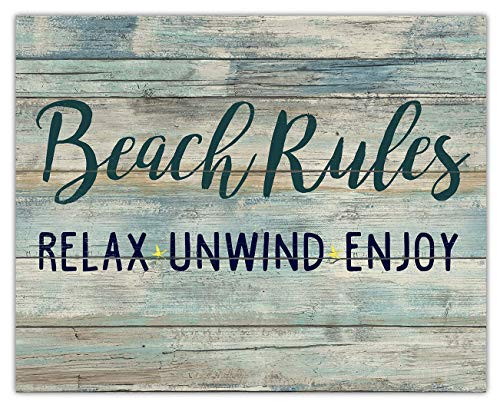 Beach Rules Relax Unwind Enjoy Typography Wall Art Print Unique Beach House Decor -  8x10  Unframed Picture - Great Gift Idea Under 15