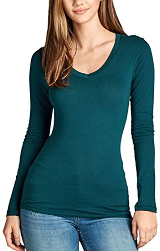ToBeInStyle Womens Basic Long Sleeve V-Neck T-Shirt - GreenTeal - M