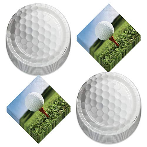Golf Party Supplies - Golf Ball Paper Dessert Plates and Ball on Tee Beverage Napkins  Serves 16