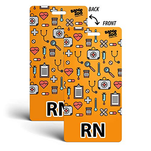 RN Badge Buddy - Orange with Medical Icons - Vertical Badge Id Card for Registered Nurses - by BadgeZoo