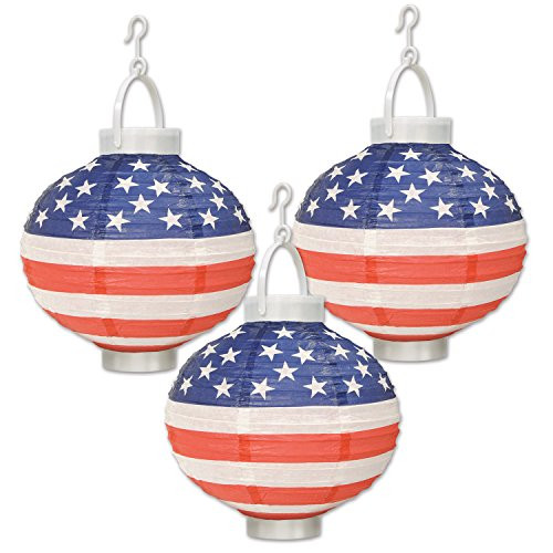 Beistle 52146 3 Piece Light-Up Patriotic Paper Lanterns, 8", Red/White/Blue
