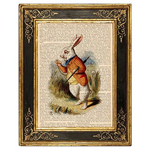 Alice in Wonderland White Rabbit in Hurry Upcycled Vintage Book Page Art Print 8x10 Unframed