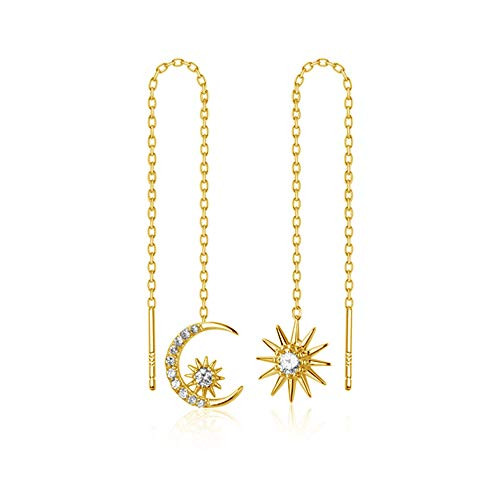 Crystal Crescent Moon Star Tassel Threader Chain Earrings S925 Sterling Silver Asymmetrical Dainty CZ Crystal Rhinestone Dangling Charm Sun Long Chains Earring Jewelry for Women Girls  Yellow Gold
