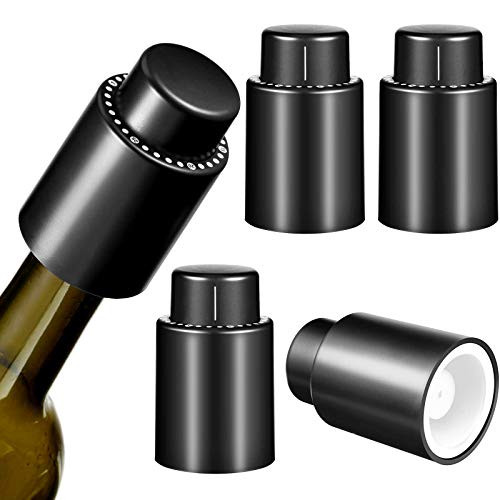 4 Pieces Vacuum Wine Stopper with Time Scale Record Wine Saver Vacuum Pump Stopper Wine Preserver Leak Proof Wine Bottle Sealer Reusable Bottle Stopper Wine Keeper with Inner Rubber Sealer Pump Black