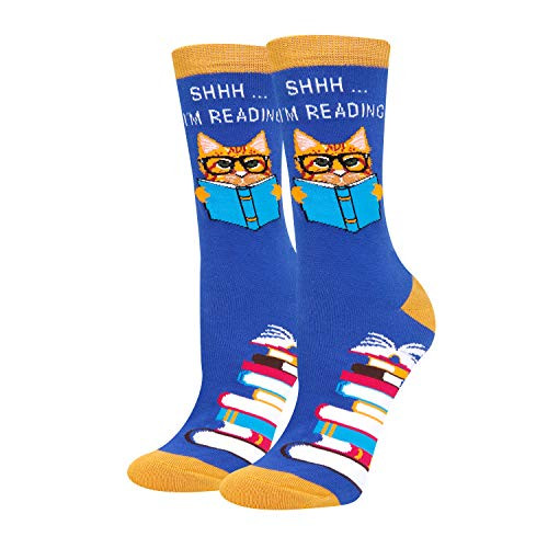 HAPPYPOP Funny Reading Book Cat Socks for Women Teacher Nerd Librarian Book Lover Bookworm Gift