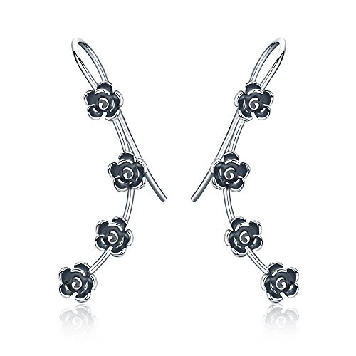 Vintage Rose Flower 925 Sterling Silver Ear Cuff Wrap Earrings for Women Girls Crawler Climber Piercing Hypoallergenic