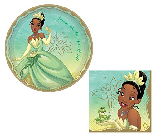 Princess and The Frogs Princess Tiana Themed Party Supplies Bundle Includes Round Dinner Plates and Napkins for 16 People