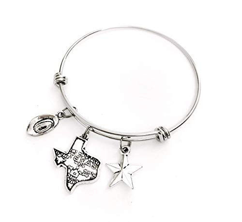 Texas charm bracelet gift. Includes Cowboy Hat State of Texas and Lonestar antique silver charms. Texan Gift. Texas Expandable Bangle. Texas Gift.