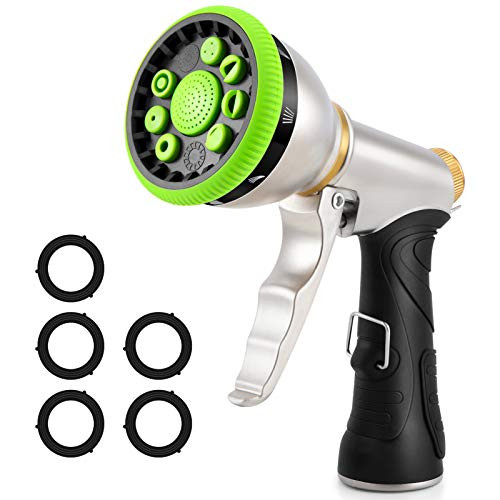 Water Hose Nozzle Spray Nozzle Heavy Duty Metal Garden Hose Nozzle High Pressure Nozzle with 9 Adjustable Patterns Perfect for Watering Plants Washing Cars and Showering Pets