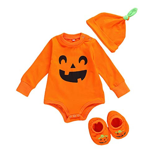 Infant Baby Girl Halloween Clothes Halter Pumpkin Halloween Romper Backless Jumpsuit Bodysuit Outfit with Headband  Orange B 6-12 Months