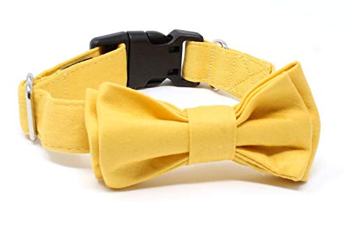 Dog and Cat Cotton Collar with Bow Tie - Solid Yellow - Medium