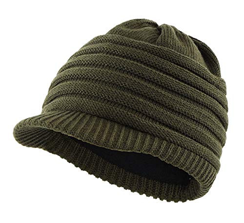 Home Prefer Mens Beanie Cap with Visor Skull Beanie Warm Cable Knit Beanie Winter Hat Army Green