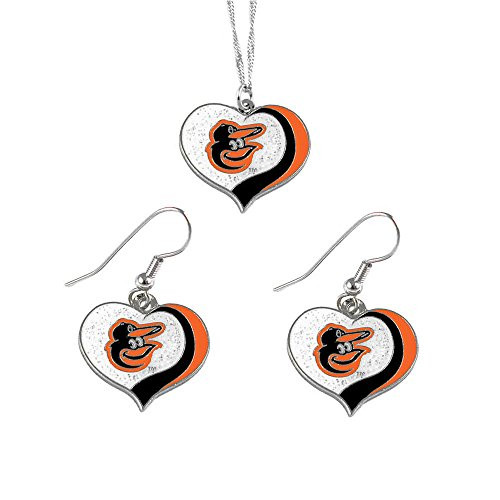 aminco Baltimore Orioles MLB Sports Team Logo Charm Gift Glitter Heart Necklace and Earring Set