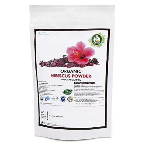 R V Essential Organic Hibiscus Powder 100gm  3.53oz  0.22lb- Rosa Sabdariffa Hibiscus Flower Powder USDA Organic Certified Ayurvedic Herbal Supplement in Resealable and Reusable Zip Lock Pouch