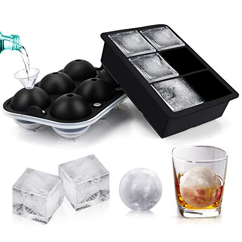 Large Ice Cube Trays 2 Packs Round Ice Cube Mold  and  Square Ice Cube Mold UPGARED Leak-Proof Sphere Ice Cube Trays Silicone Ice Cube Tray for Whiskey Cocktails Easy to Release Sphere Ice Mold Tray
