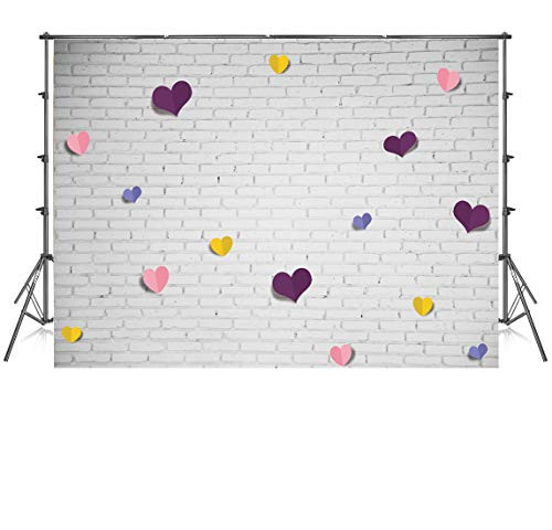 7x5ft Vinyl Kids White Brick Wall Photography Backdrops Heart Birthday Banner Photo Background Kids Party Backdrop for Photoshoot