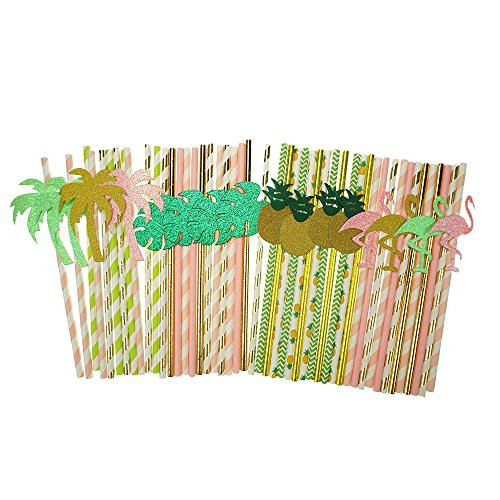 Bilipala Hawaii Decorative Paper Party Straws Coconut Trees Flamingo Pineapple Tropical Palm Straws Decor Baby Shower, Birthday, Pool Party Supplies Pack of 48