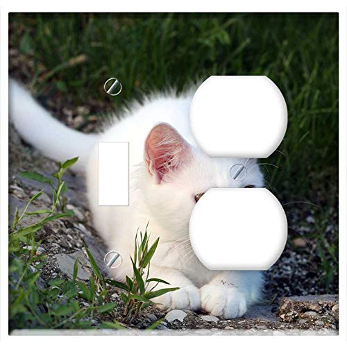 2-Gang Toggle Outlet Combination Wall Plate Cover - Cat White Pet Cute Animal Nature Feline