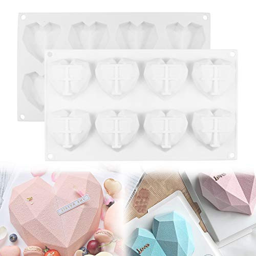 2 Pieces Heart Molds for Chocolate 8 Pcs Diamond Heart Shape Silicone Candy Molds Chocolate Cake Breakable Heart Mold for Baking Candy Mousse Dessert Cupcake and More