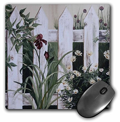 3dRose LLC 8 x 8 x 0.25 Inches Mouse Pad, Weathered White Picket Garden Fence With Irises and Daisies (mp_44359_1)
