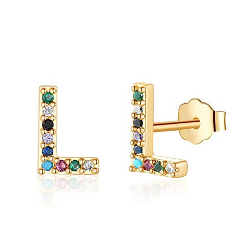 Letter Initial Stud Earrings for Girls S925 Sterling Silver Post Gold Plated Letter L Earrings Stud Colored Cubic Zirconia Hypoallergenic Earrings for Sensitive Ears Gift Jewelry for Women Girls
