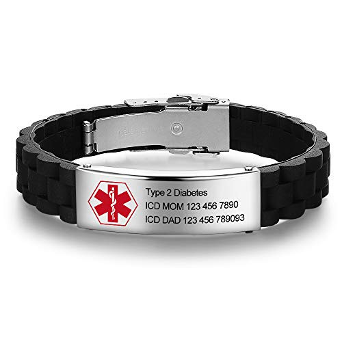 Personalized Bracelet Silicone Medical Bracelet Sport Emergency ID Bracelet for Men Women Kids Free Engraving Waterproof ID Alert Bracelets  Red