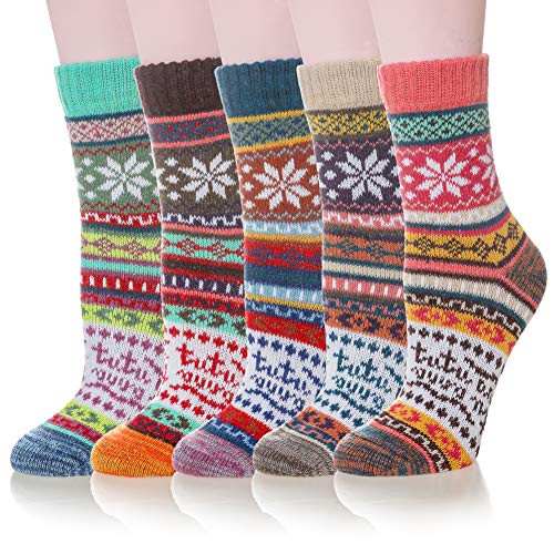 Womens Wool Socks Super Thick Heavy Thermal Fuzzy Winter Warm Crew Cold Weather Casual Socks 5 Pairs  Multicolored D
