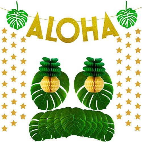 Luau Party Decorations Aloha Banner Gold, Green Leaves, Paper Pineapples, Perfect for Hawaiian Tropical Beach Summer Party Decorations Supplies TD027 Luau Party Decorations Aloha Banner Gold, Green Leaves, Paper Pineapples, Perfect for Hawaiian Tropical Beach Summer Party Decorations Supplies TD027