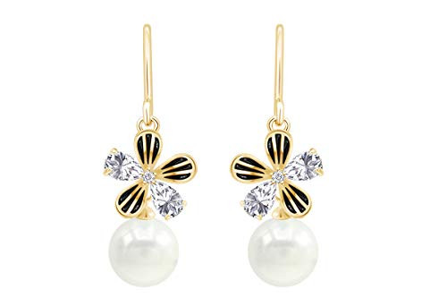 Enamel Flower Shell Pearl 8mm Drop Dangle Earrings 14K Yellow Gold Plated 925 Sterling Silver