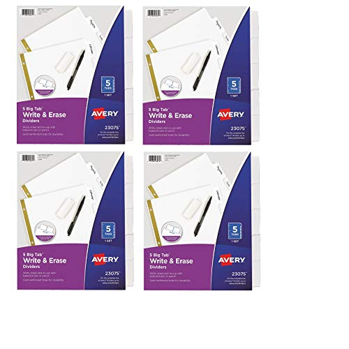Avery 23075 Write  and  Erase Big Tab Paper Dividers 5-Tab White Letter Pack of 4
