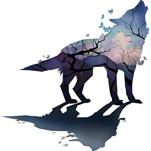 RW-9042 Creative Wolf Wall Decal Forest Sky Night Wolf Wall Stickers DIY Removable Waterproof Butterflies Wolf Shadow Wall Art Mural Decor for Kids Boys Bedroom Living Room Nursery Home Decoration