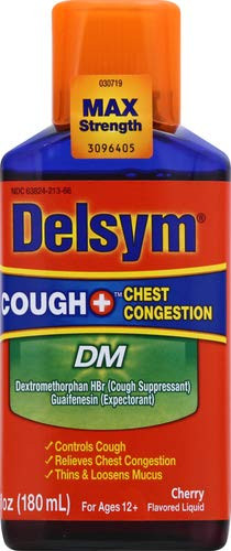 Max Strength Delsym Cough Plus Chest Congestion DM Liquid Cherry Flavor 6 fl. oz. Relieves Cough Chest Congestion and Thins  and  Loosens Mucus