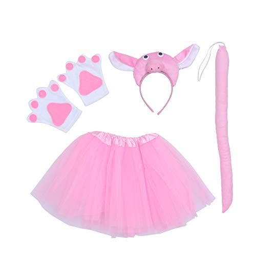 Amosfun Kids Animal Costume Ears Headband Bowtie Tail Tutu Set Girl Fairy Princess Kids Performance Stage Costume for Birthday Hallween Cosplay Childrens Party Decoration  Pig Head