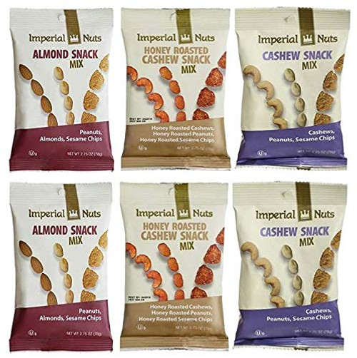 Imperial Nuts Grab  and  Go 6 PK Variety Snack Packs of Nut Snack Mix - Featuring Cashews Peanuts Almonds Honey Roasted Cashews Honey Roasted Peanuts Honey Roasted Sesame Chips  and  Sesame Chips.
