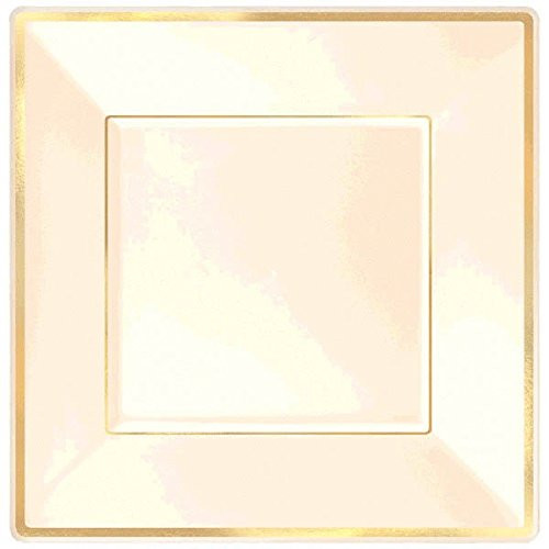 Elegant Square Plastic Plate Party Tableware and Reusable Dishware Cream with Gold Trim 7 inch Pack of 8.