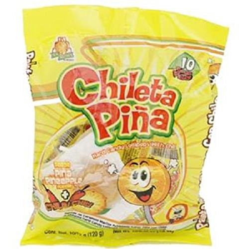 El Azteca Chileta Lollipops Pina W Chili - Bag 10 Count  SUGAR CANDY - ETHNIC