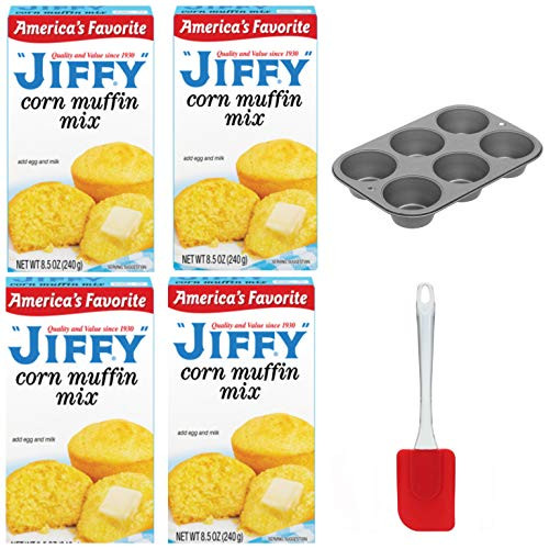 Jiffy Corn Muffin Mix 8.5oz - Pack of 4  Including Non-Stick Muffin Baking Pan  and  Silicone Mixing Spatula  Americas Favorite Corn Muffin Corn Bread Mix Kit