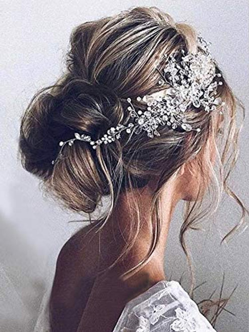 Unicra Bride Flower Wedding Hair Vine Crystal Bridal Hair Piece Rhinestone Hair Accessories for Women and Girls  Silver