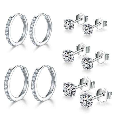 925 Sterling Silver Stud Hoop Earrings Set - Cubic Zirconia Stud Earrings for Women Girls - White Gold Plated Hypoallergenic hoop Earrings?5 pairs?