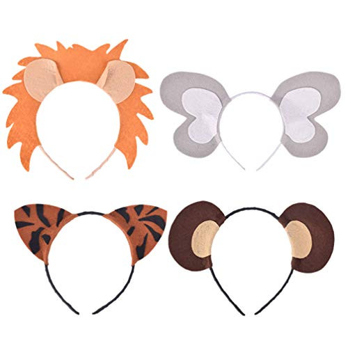 TENDYCOCO 4pcs Zoo Animals Ears Headband Jungle Safari Animals Hairbands Cosplay Hair Hoop for Birthday Carnival Easter Party Costume  Lion Tiger Elephant Monkey