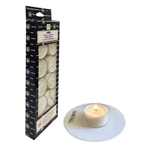 TRUMIRI Tea Lights Candles Mat Bundle with Satya Palo Santo Long Lasting Mildly Scented Candles T-Lite - Pack of 1  12 Tealight Candles TRUMIRI Tea Lights Candles Mat Bundle with Satya Palo Santo Long Lasting Mildly Scented Candles T-Lite - Pack of 1  12 Tealight Candles