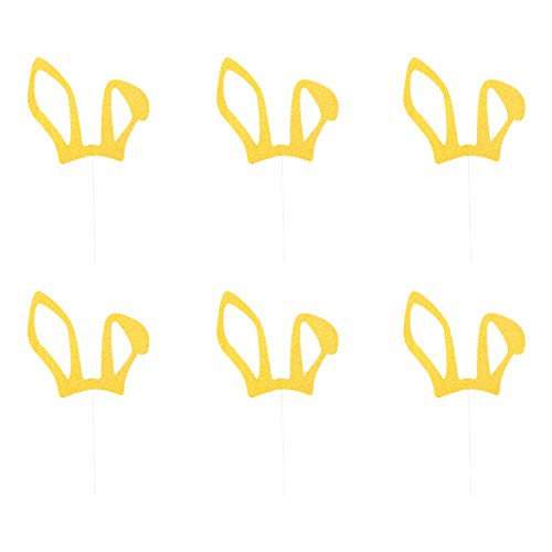 Amosfun 6pcs Rabbit Ear Design Cake Toppers Lovely Glitter Paper Cake Picks Easter Cake Decoration Creative Bunny Ear Shape Cupcake Picks Easter Party Favor for Easter Party Supplies