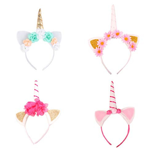 Amosfun 4 Pcs Unicorn Headband Unicorn Horn Headdress Ears Flower Hair Hoop Headband Headpiece for Christmas Cosplay Party Supplies