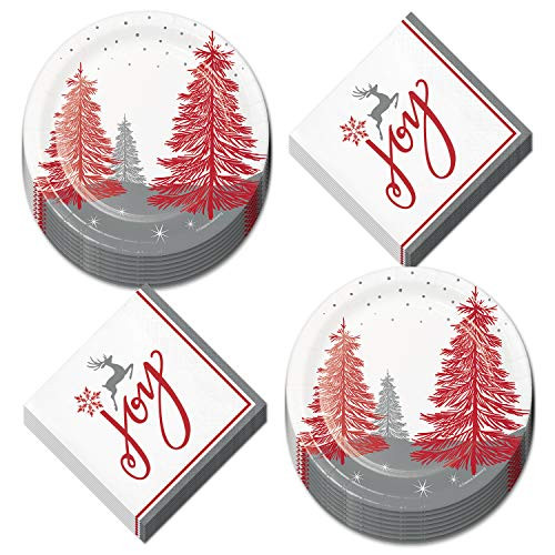 Christmas Paper Plates and Napkins - Red and Silver Merry and Bright Woodland Dessert Plates and Beverage Napkins  Serves 16